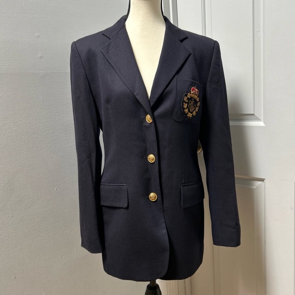 Ralph Lauren Navy Blue Monogram Crest Blazer Size 6 - Picture 1 of 8